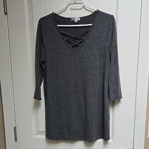 Warehouse One Womens Charcoal V-Neck Top with Crisscross Back 3/4 Sleeve